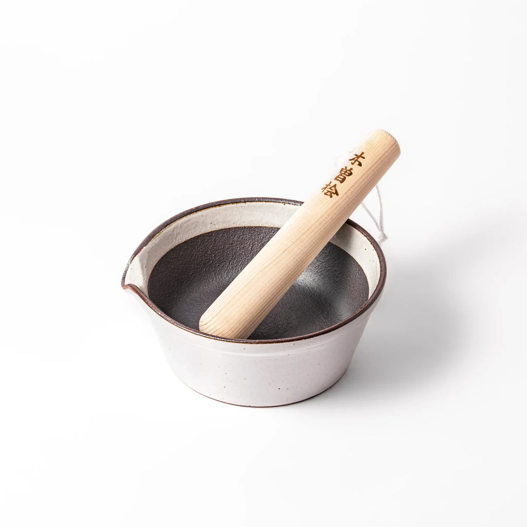 White Grooveless Ceramic Suribachi Mortar Bowl and Hinoki Wood Pestle Set