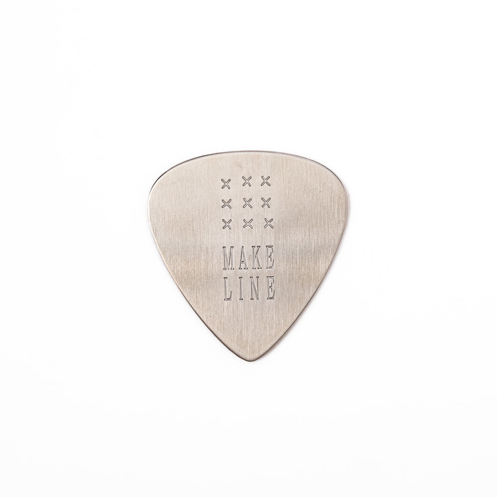 Unique guitar pick shaped stainless steel metal coaster engraved with make line text and cross patterns
