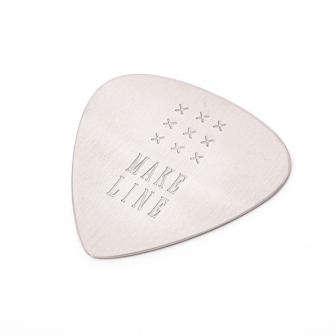 Unique guitar pick shaped stainless steel metal coaster engraved with make line text and cross patterns