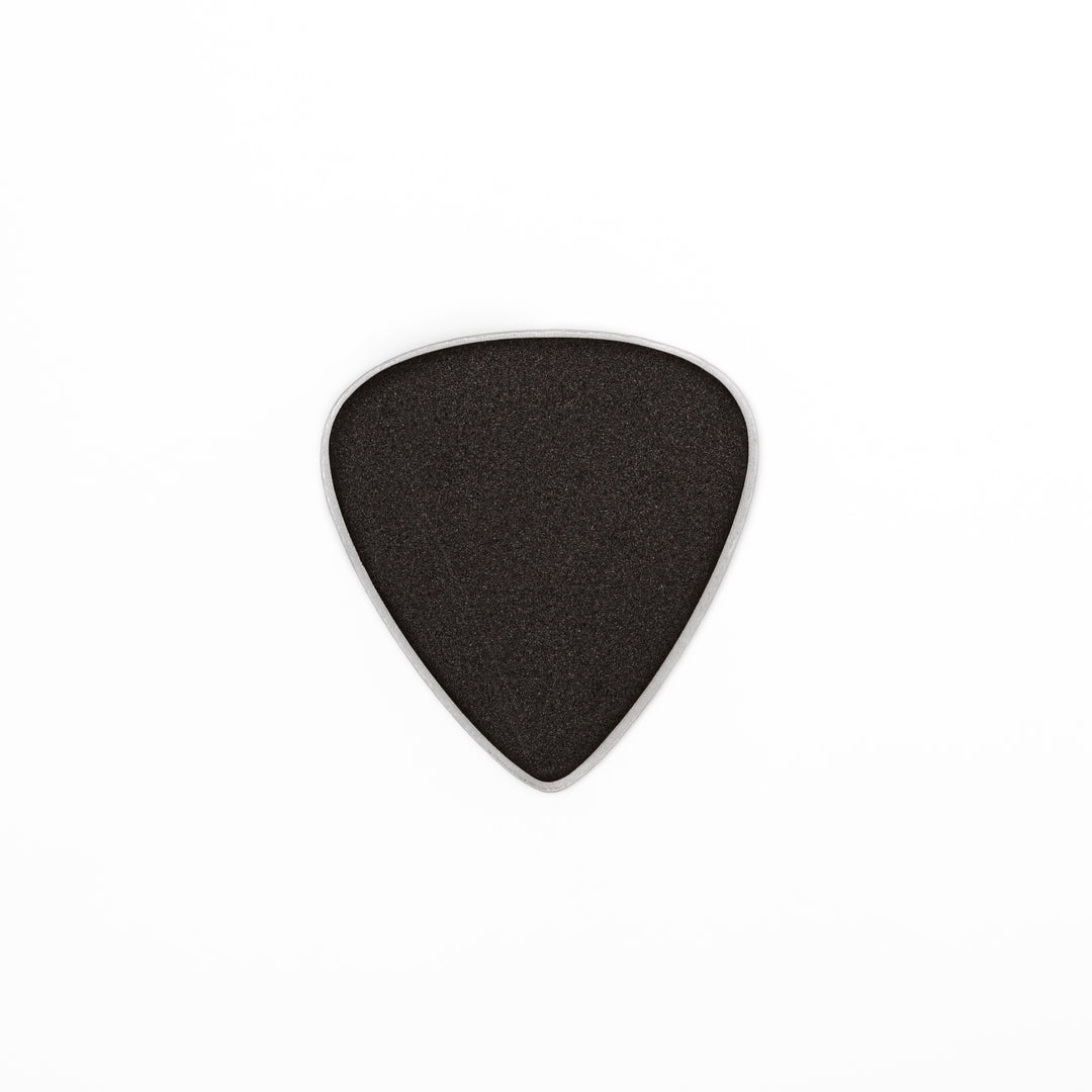Unique guitar pick shaped metal coaster with sandblasted textured finish engraved with make line text and cross patterns
