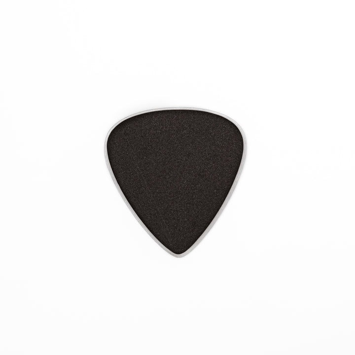 Unique guitar pick shaped metal coaster with sandblasted textured finish engraved with make line text and cross patterns