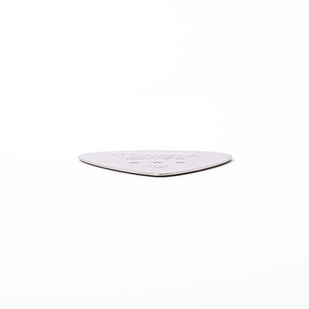Unique guitar pick shaped stainless steel metal coaster engraved with thousand sounds text and stars