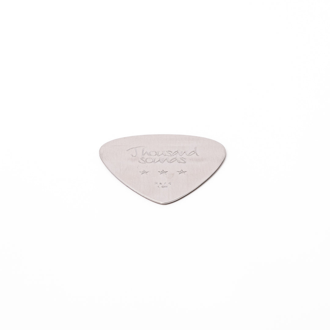 Unique guitar pick shaped stainless steel metal coaster engraved with thousand sounds text and stars