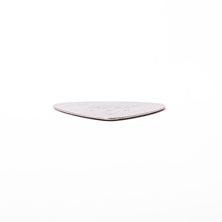 Unique guitar pick shaped metal coaster with sandblasted textured finish engraved with thousand sounds text and stars