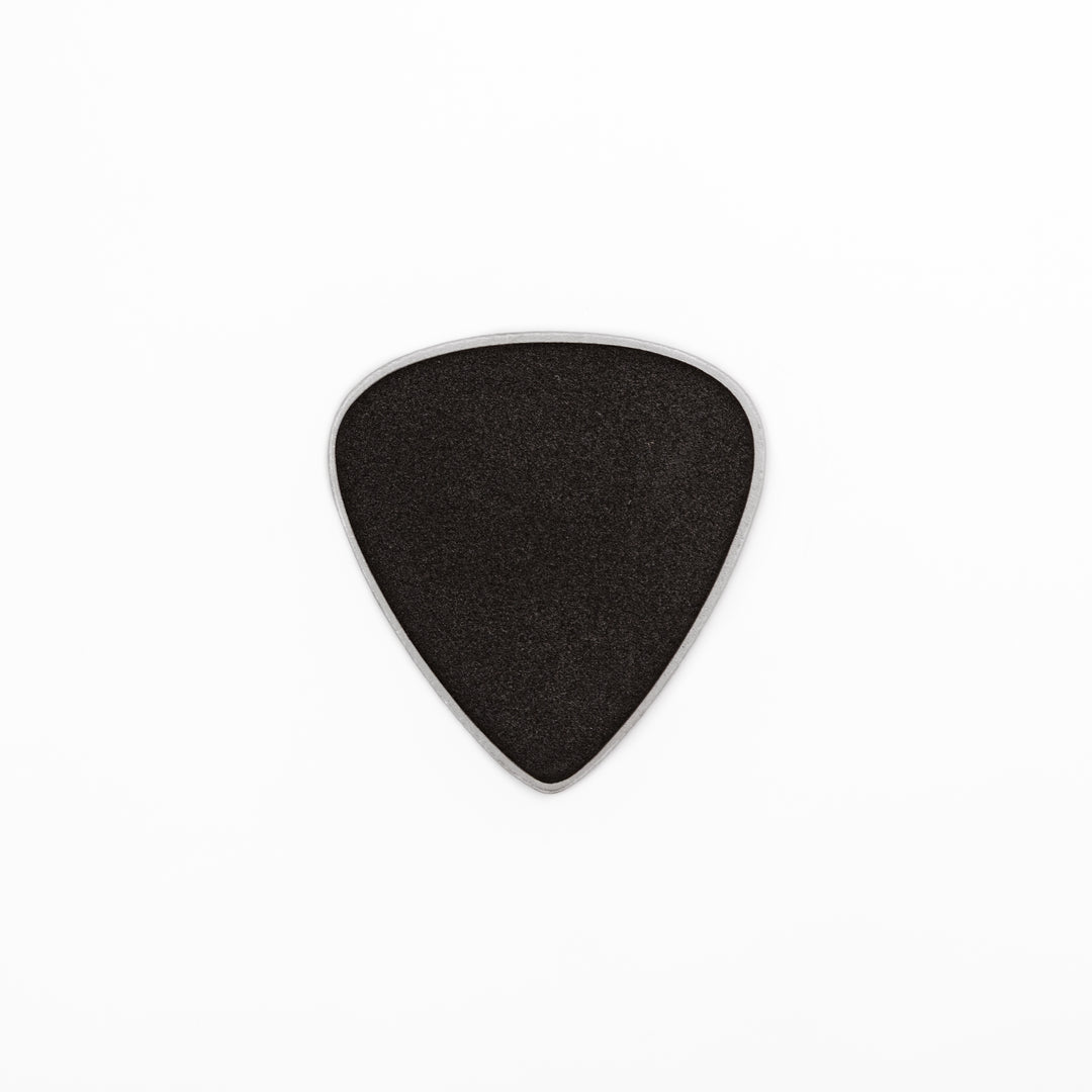 Unique guitar pick shaped metal coaster with sandblasted textured finish engraved with thousand sounds text and stars