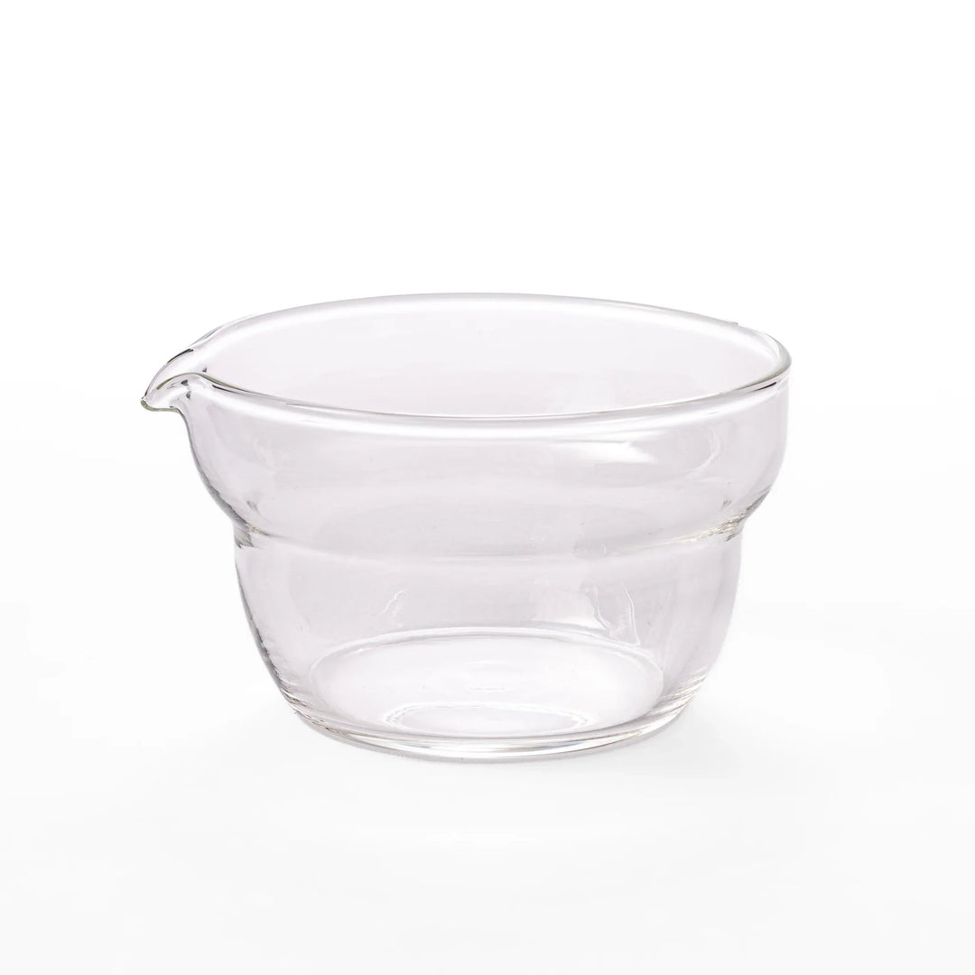 Set of four HARIO heat resistant glass mixing bowls with pour spouts, featuring various nested sizes for easy meal prep
