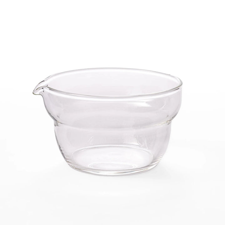 Set of four HARIO heat resistant glass mixing bowls with pour spouts, featuring various nested sizes for easy meal prep