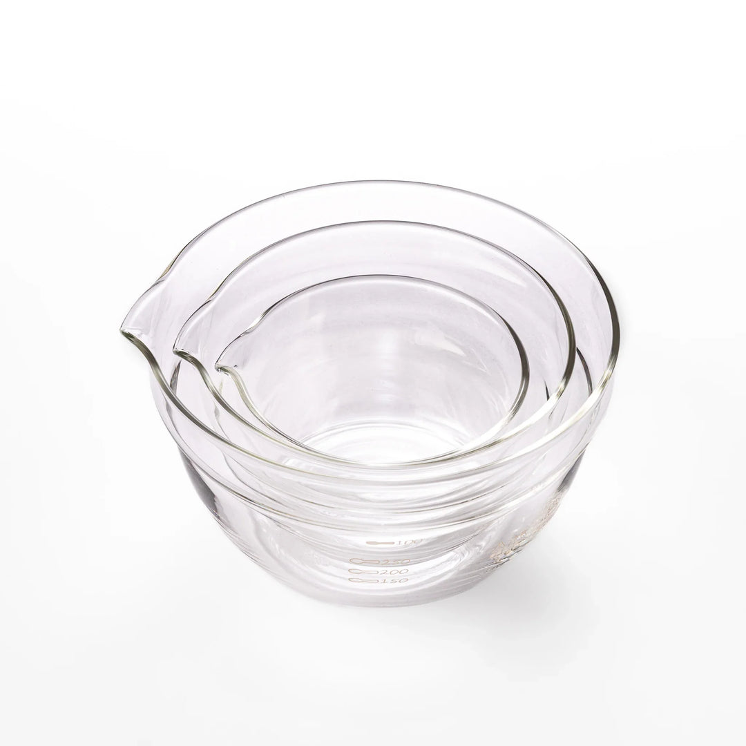 Set of three HARIO heat resistant glass prep bowls with pour spouts, featuring versatile sizes for easy food preparation