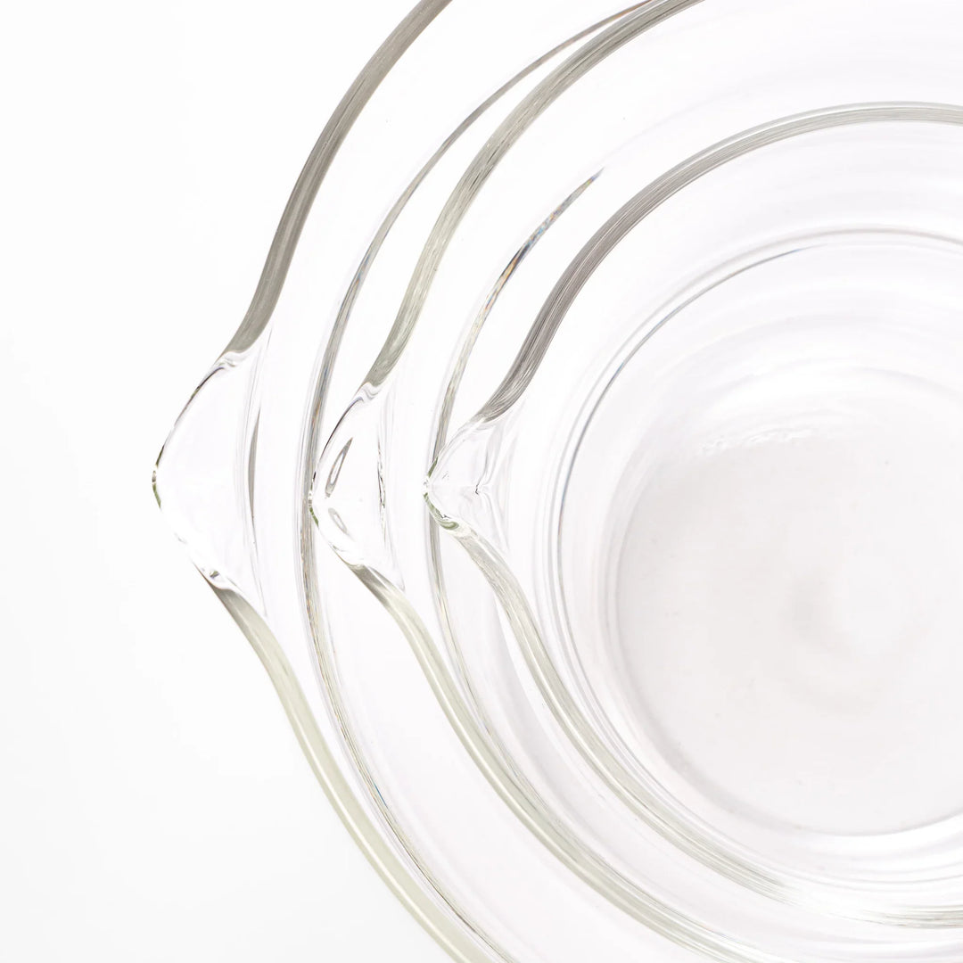 Set of three HARIO heat resistant glass prep bowls with pour spouts, featuring versatile sizes for easy food preparation