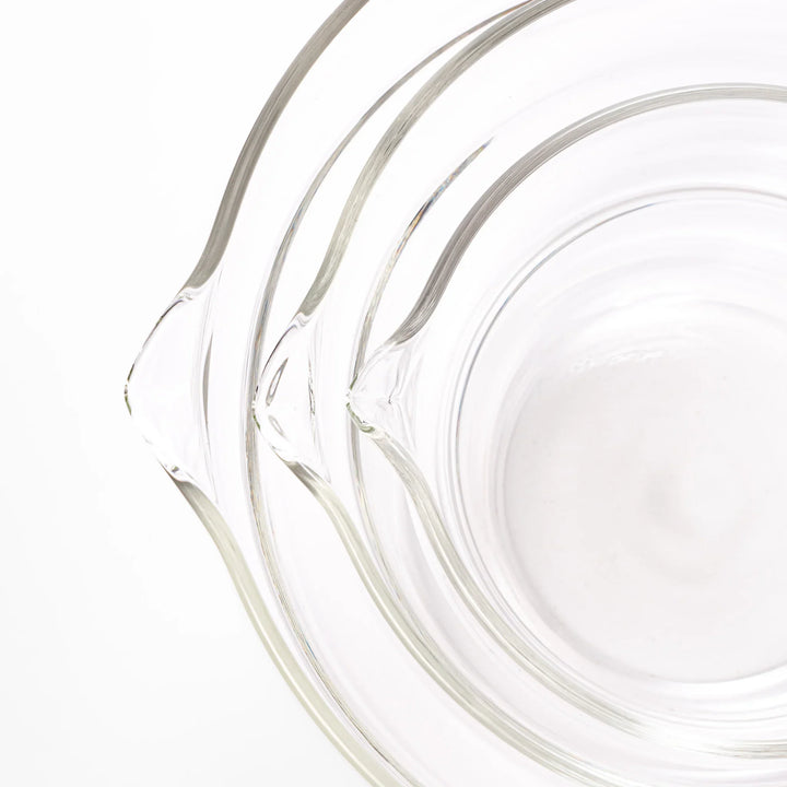 Set of three HARIO heat resistant glass prep bowls with pour spouts, featuring versatile sizes for easy food preparation