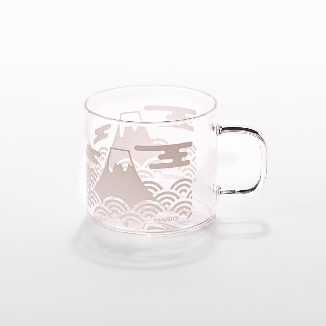HARIO Mount Fuji thermochromic heat resistant glass mug, featuring a gray printed Japanese mountain design on white