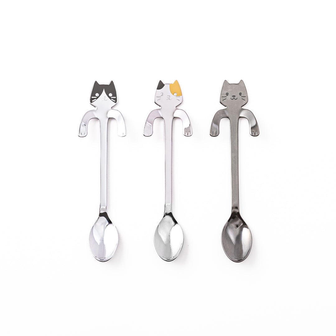 Three cute hanging cat coffee spoons featuring calico tuxedo and black cat designs stainless steel kitchen gift item