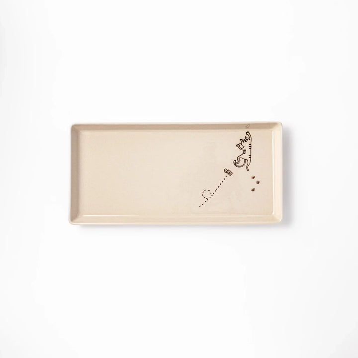 Beige rectangular ceramic plate featuring a playful tabby cat illustration with paw prints and a butterfly in the corner.