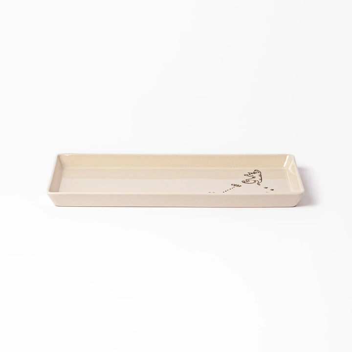 Beige rectangular ceramic plate featuring a playful tabby cat illustration with paw prints and a butterfly in the corner.