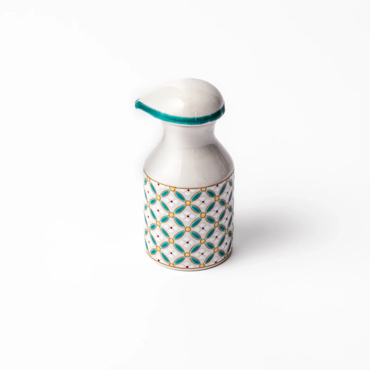 Japanese ceramic soy sauce dispenser with teal geometric blossom pattern in gold and red for refined dining.