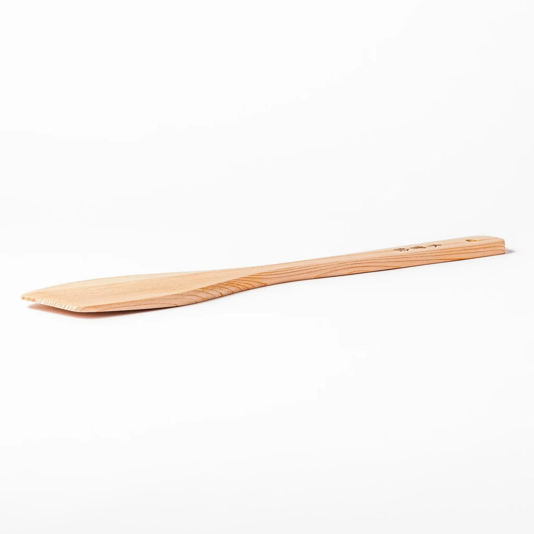 Hinoki Angled Large Wooden Spatula with engraved handle and smooth grain ideal for flipping and serving.