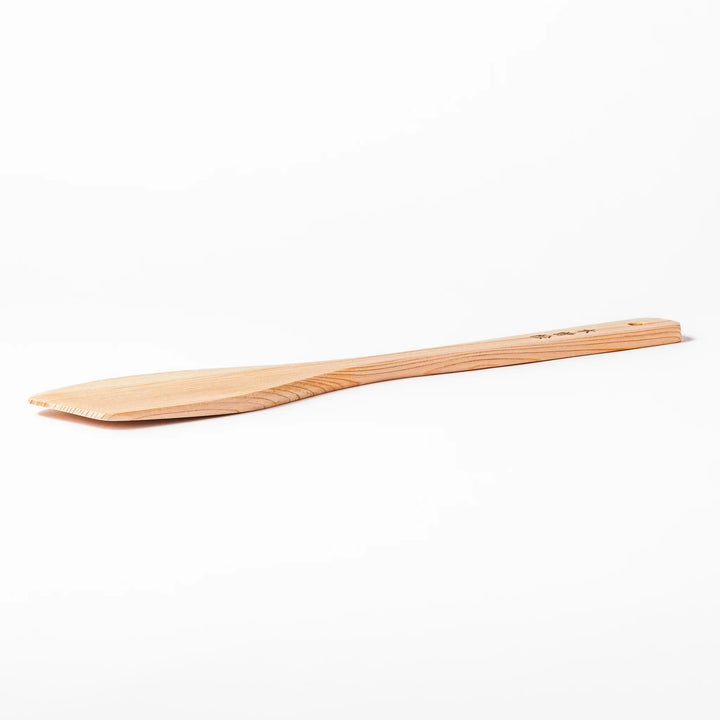 Hinoki Angled Large Wooden Spatula with engraved handle and smooth grain ideal for flipping and serving.