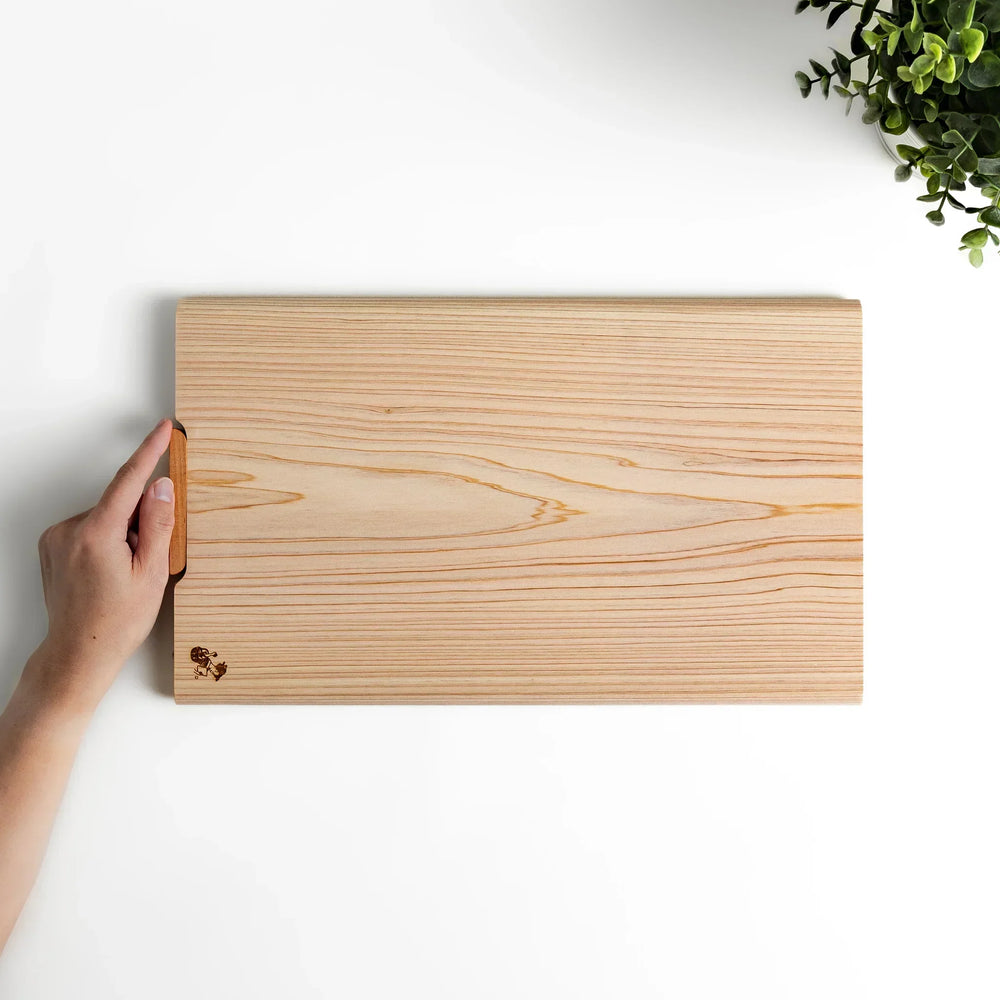 Hinoki wood cutting board with stand and engraved logo showing clean design for stylish food prep.