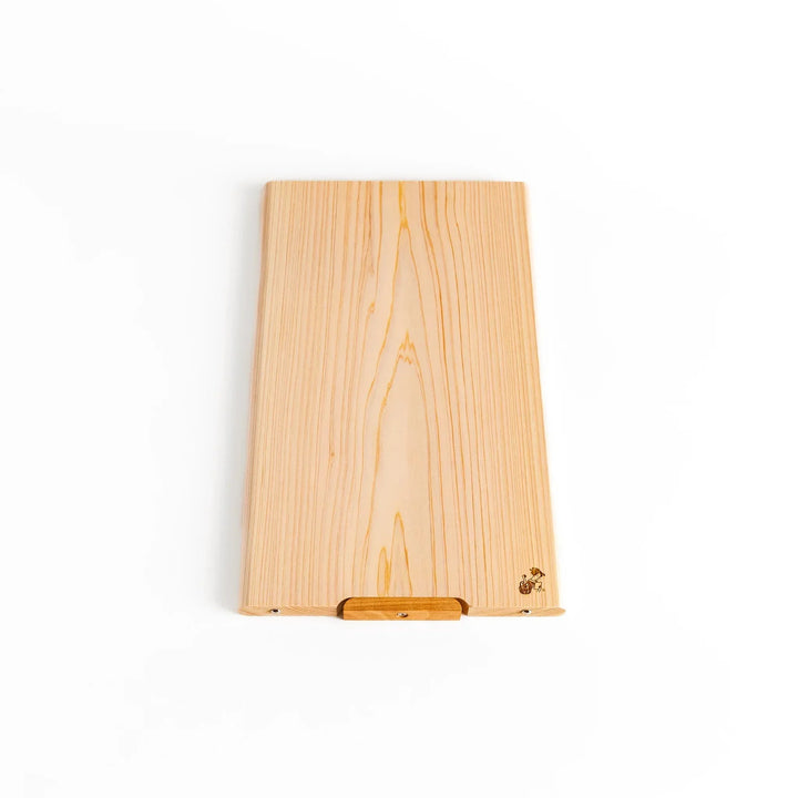 Hinoki wood cutting board with stand and engraved logo showing clean design for stylish food prep.