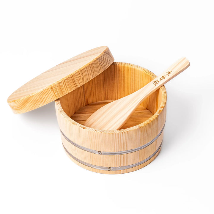 Japanese hinoki wood rice container with matching lid and rice paddle, handcrafted design ideal for storing and serving rice