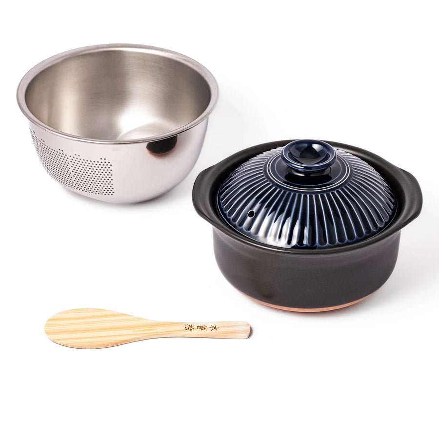 Japanese rice cooking set with black ceramic donabe, stainless steel colander bowl, and hinoki rice paddle for everyday use
