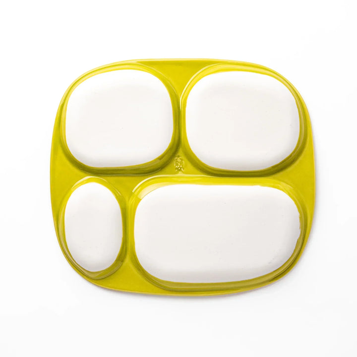 White ceramic kids plate with honey bear face in main section, bee motif in small section, chartreuse accents