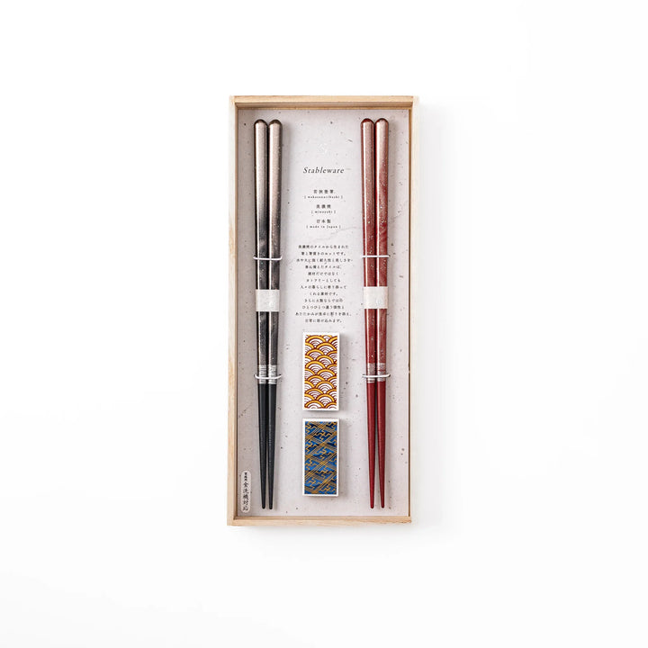 Elegant Bloom Japanese chopsticks gift set inside a traditional wooden box featuring two pairs of chopsticks and matching rests