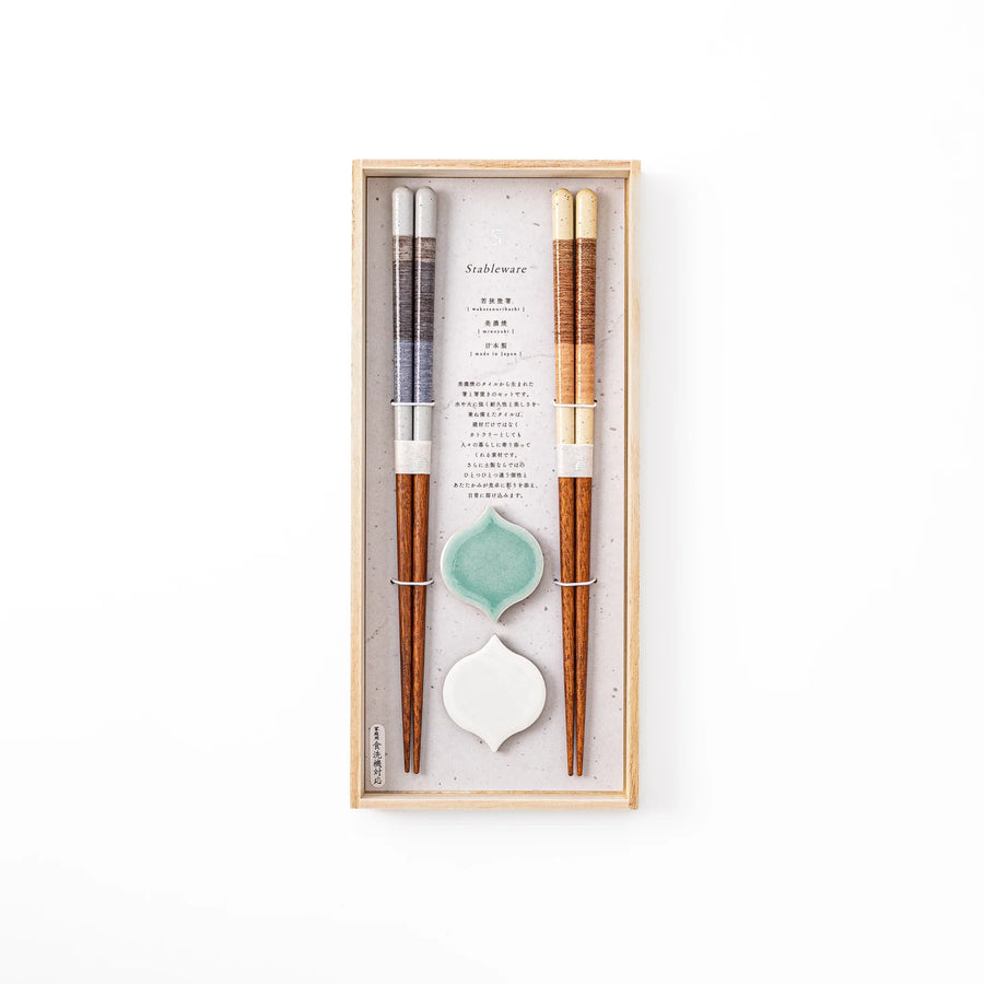 Ash Gray Minimal Japanese chopsticks gift set inside a traditional wooden box featuring two pairs of chopsticks and matching rests