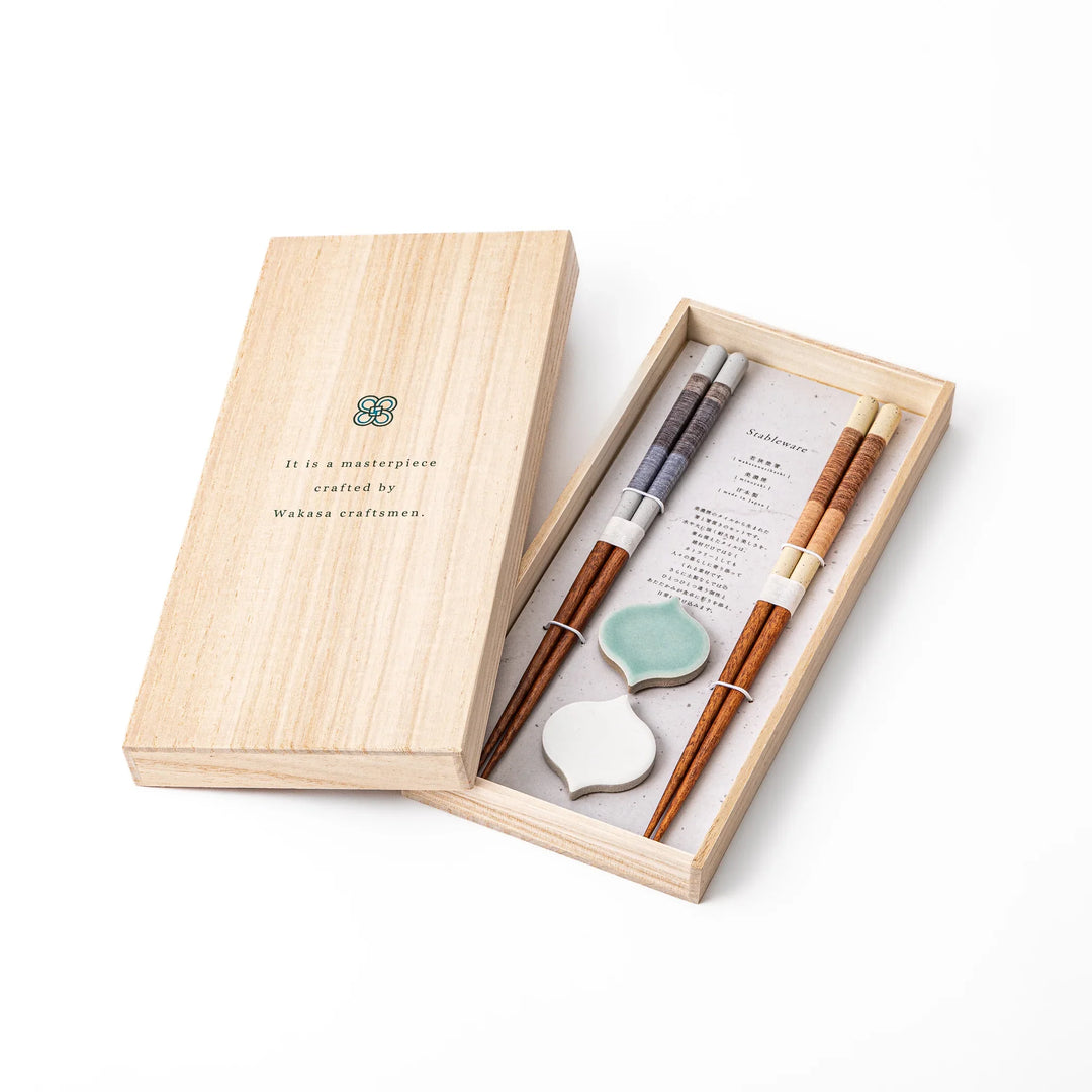 Ash Gray Minimal Japanese chopsticks gift set inside a traditional wooden box featuring two pairs of chopsticks and matching rests