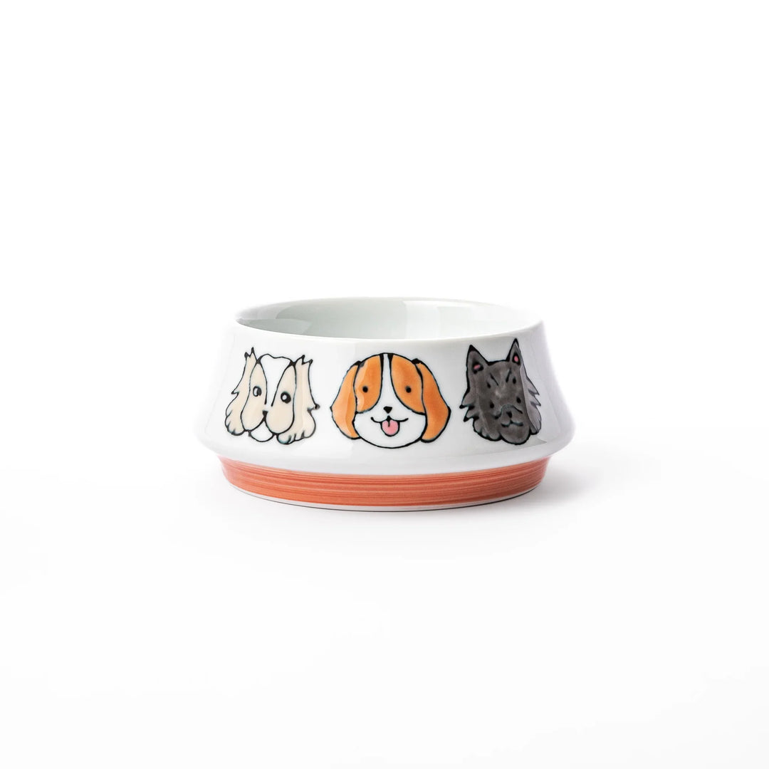 Japanese ceramic dog bowl with hand painted dog face designs and raised rim for pets