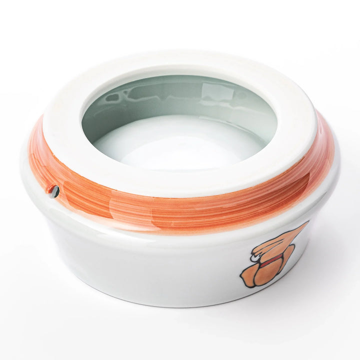 Japanese ceramic dog bowl with hand painted dog face designs and raised rim for pets