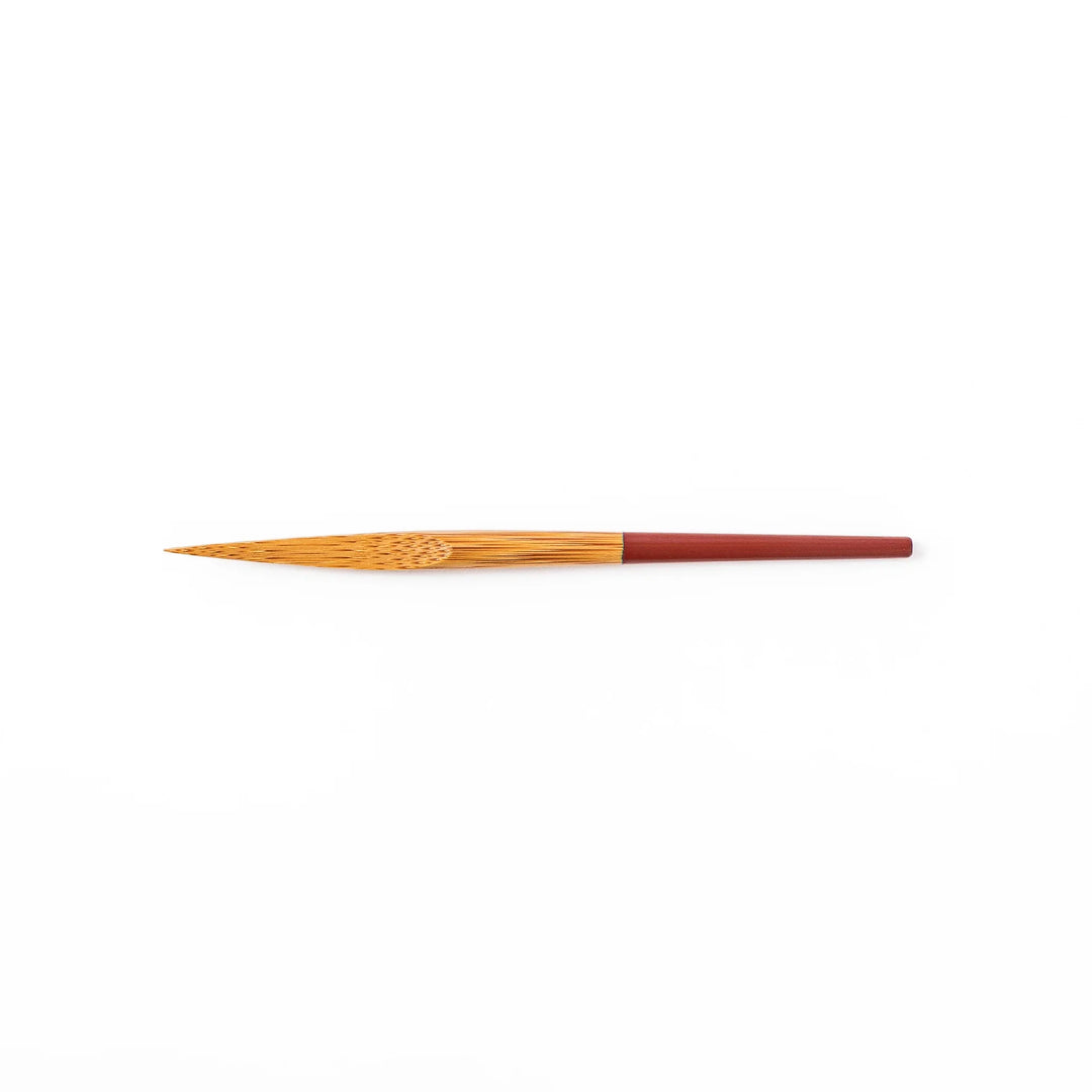 Set of five Japanese bamboo cocktail forks with red handles and a natural bamboo finish for appetizers and desserts