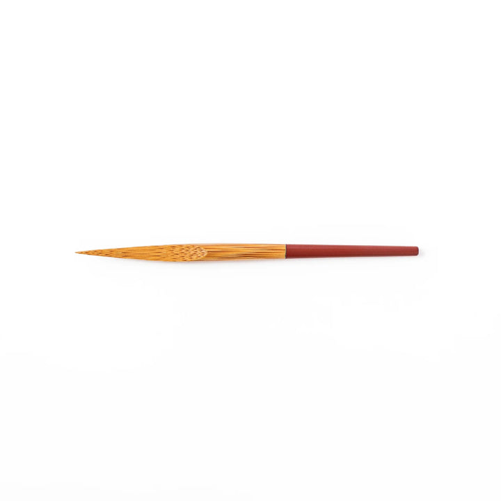 Set of five Japanese bamboo cocktail forks with red handles and a natural bamboo finish for appetizers and desserts