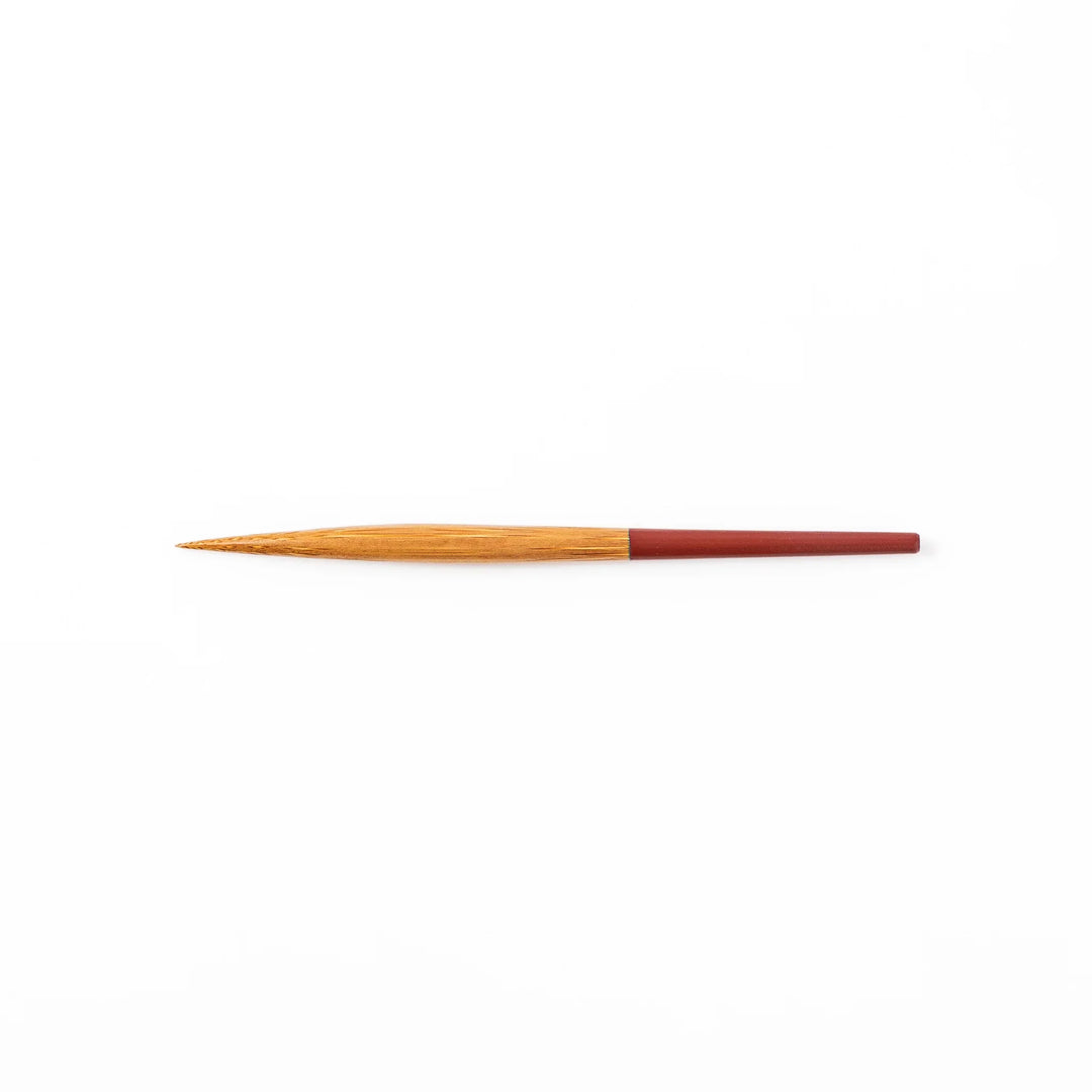 Set of five Japanese bamboo cocktail forks with red handles and a natural bamboo finish for appetizers and desserts