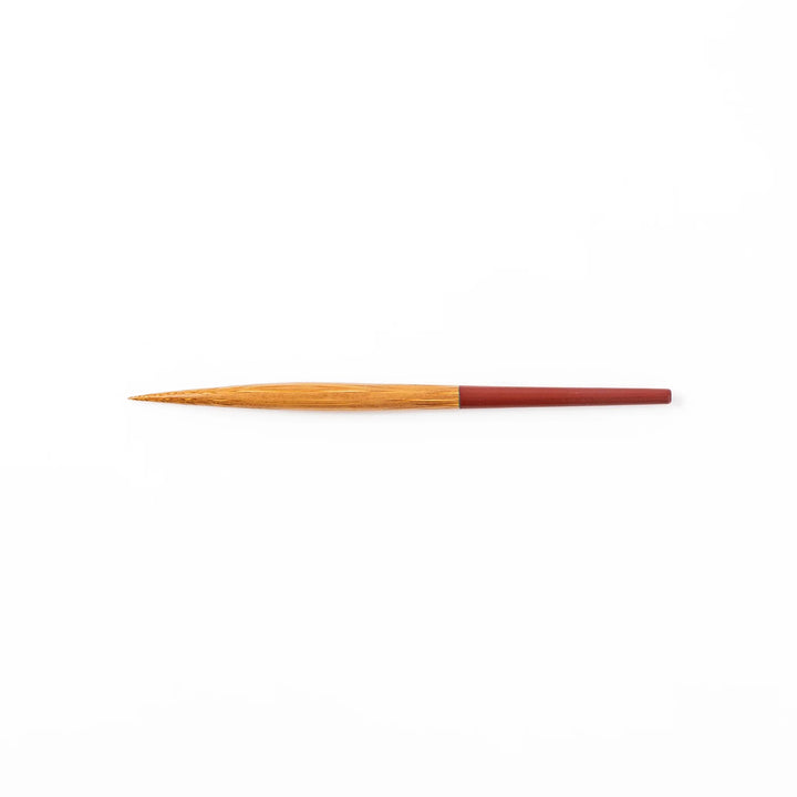 Set of five Japanese bamboo cocktail forks with red handles and a natural bamboo finish for appetizers and desserts
