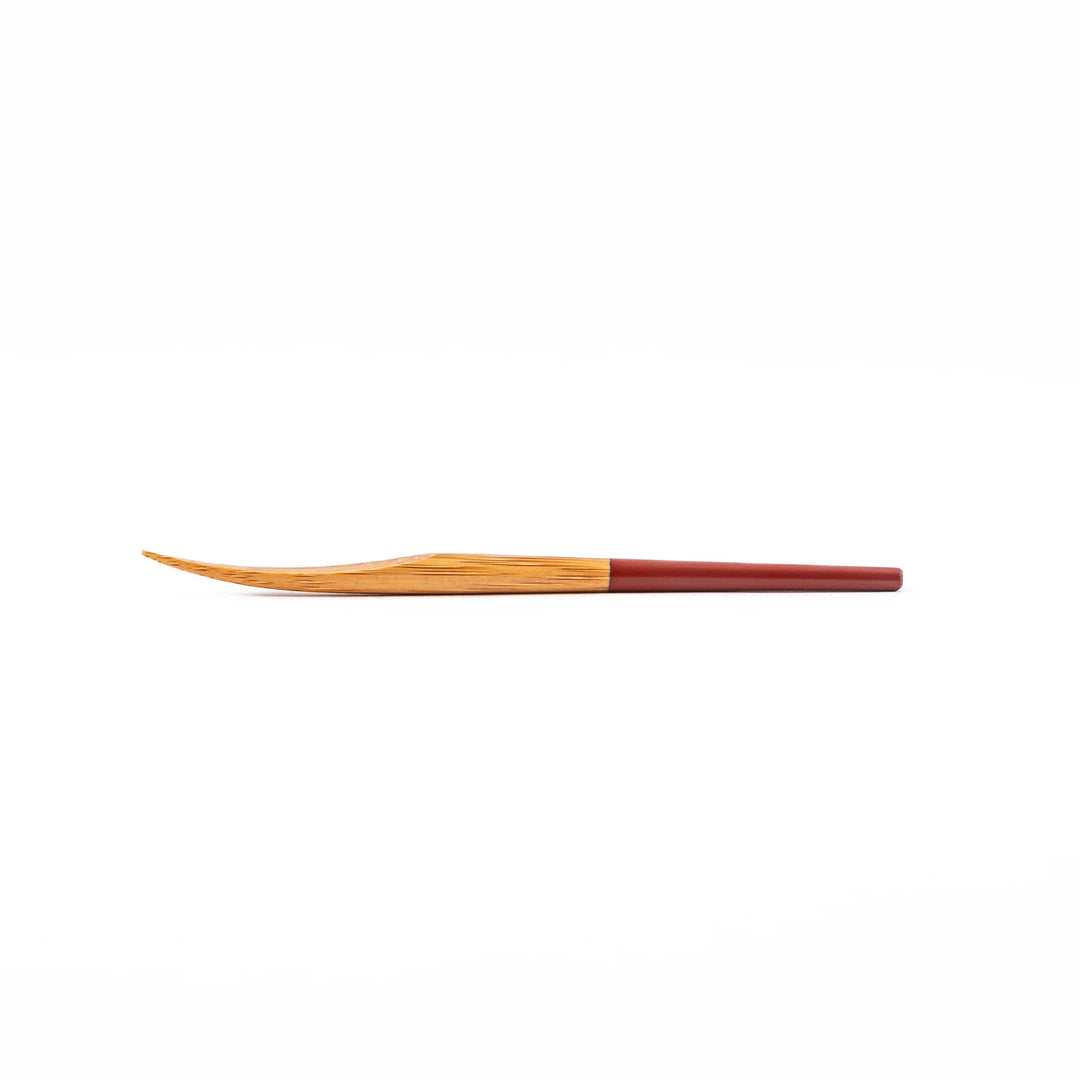 Set of five Japanese bamboo cocktail forks with red handles and a natural bamboo finish for appetizers and desserts