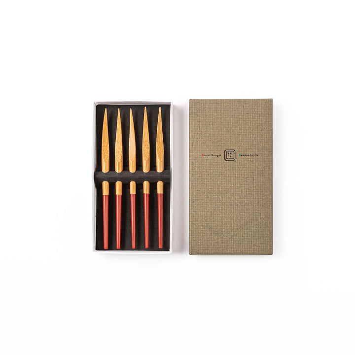 Set of five Japanese bamboo cocktail forks with red handles and a natural bamboo finish for appetizers and desserts