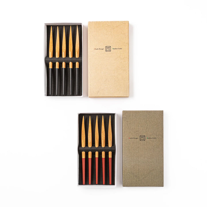 Japanese bamboo cocktail fork sets in black and red featuring a natural bamboo finish and matching storage boxes