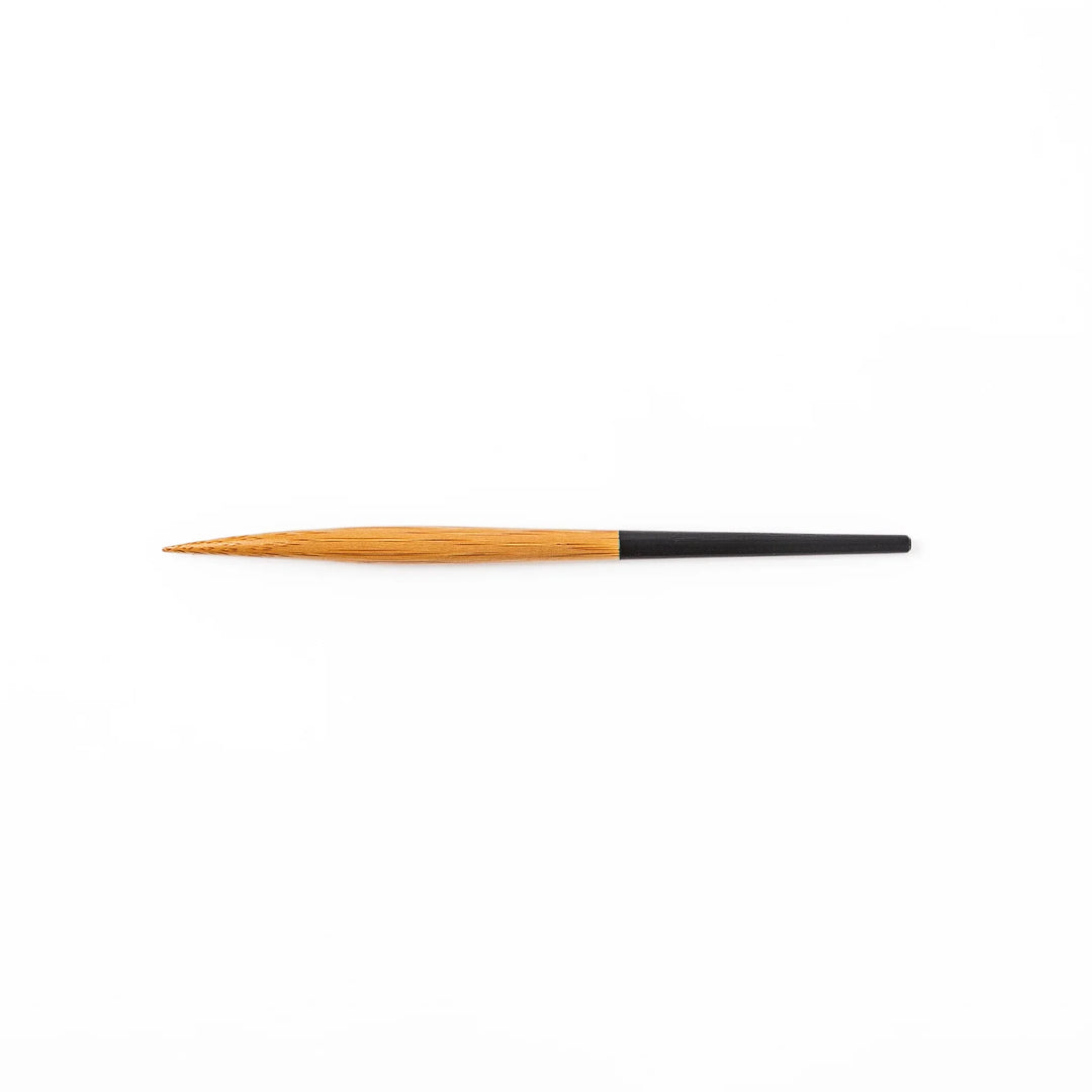 Set of five Japanese bamboo cocktail forks with black handles and a natural bamboo finish for appetizers and desserts