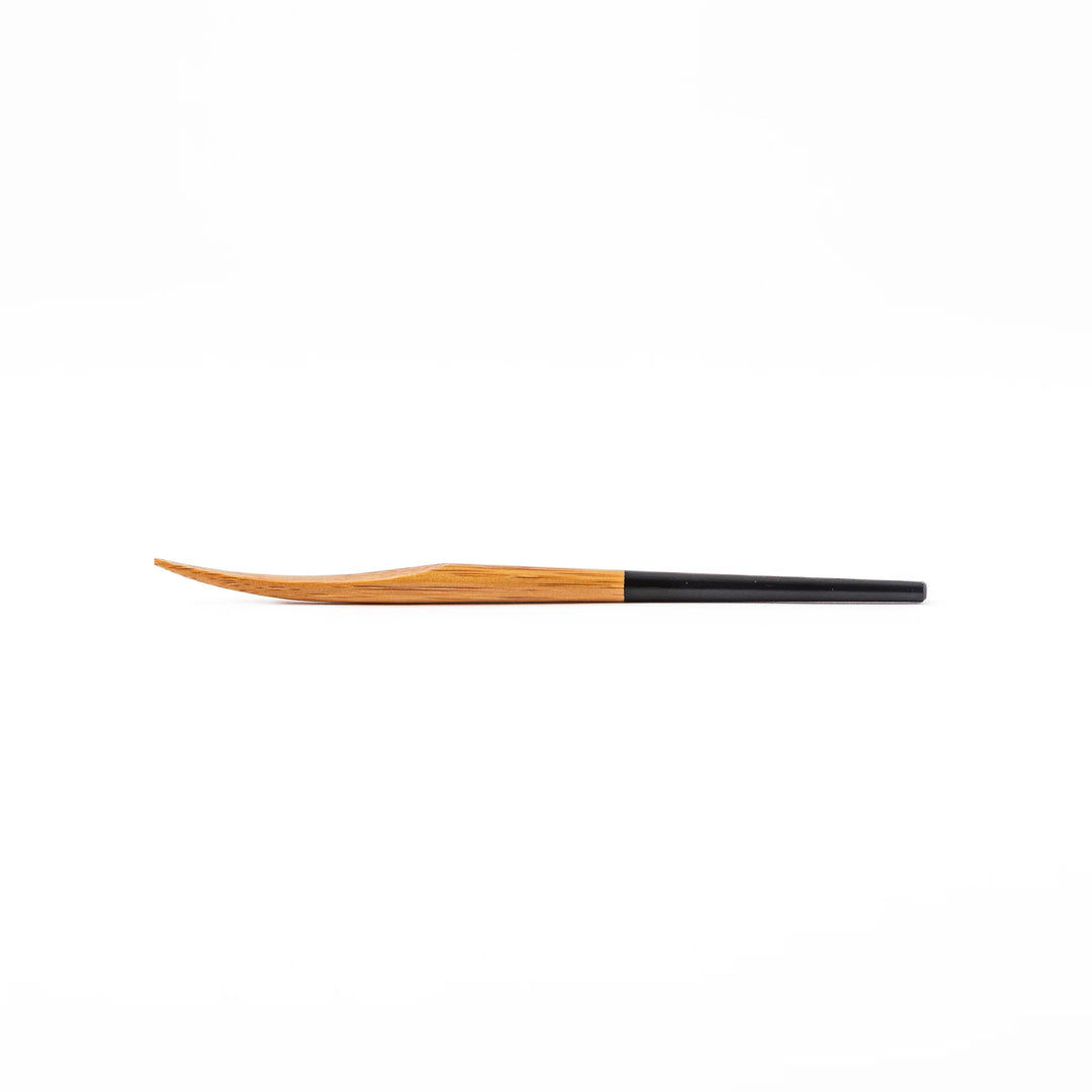 Set of five Japanese bamboo cocktail forks with black handles and a natural bamboo finish for appetizers and desserts