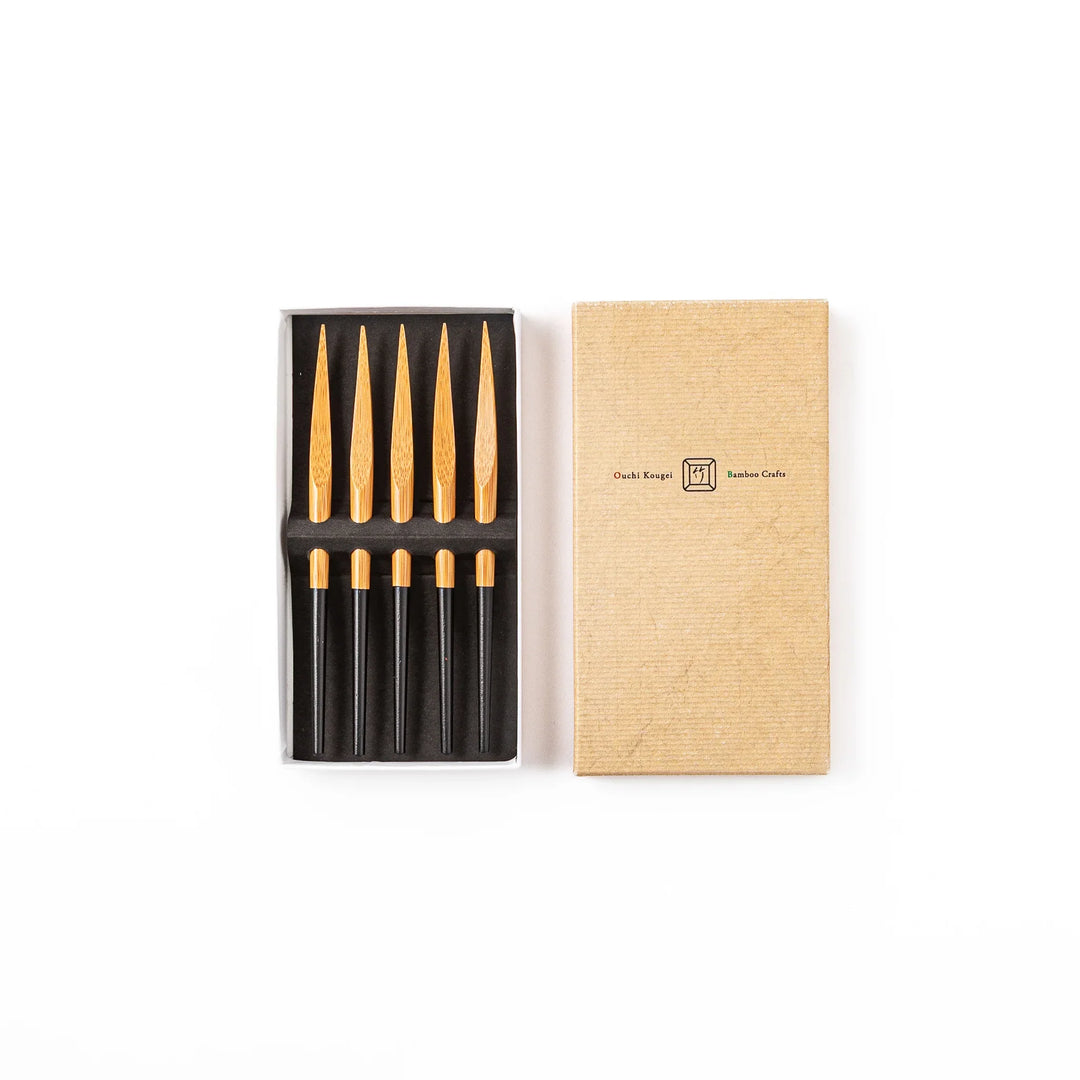 Set of five Japanese bamboo cocktail forks with black handles and a natural bamboo finish for appetizers and desserts