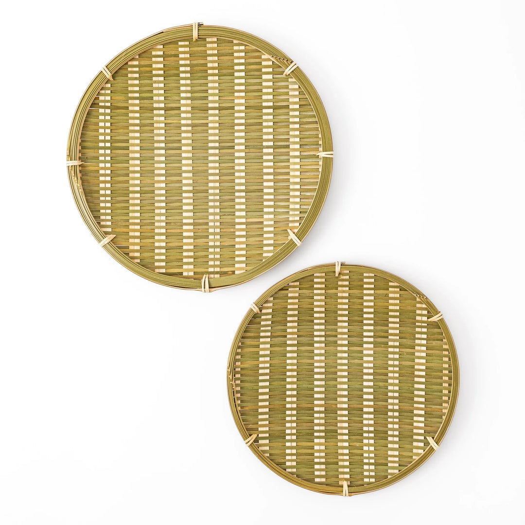 Comparison of small and medium Japanese bamboo zaru strainer baskets side by side for versatile kitchen and dining use