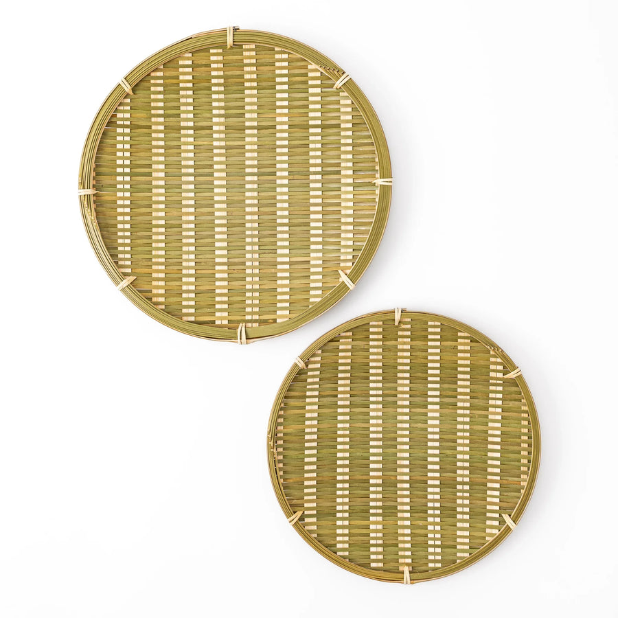 Comparison of small and medium Japanese bamboo zaru strainer baskets side by side for versatile kitchen and dining use