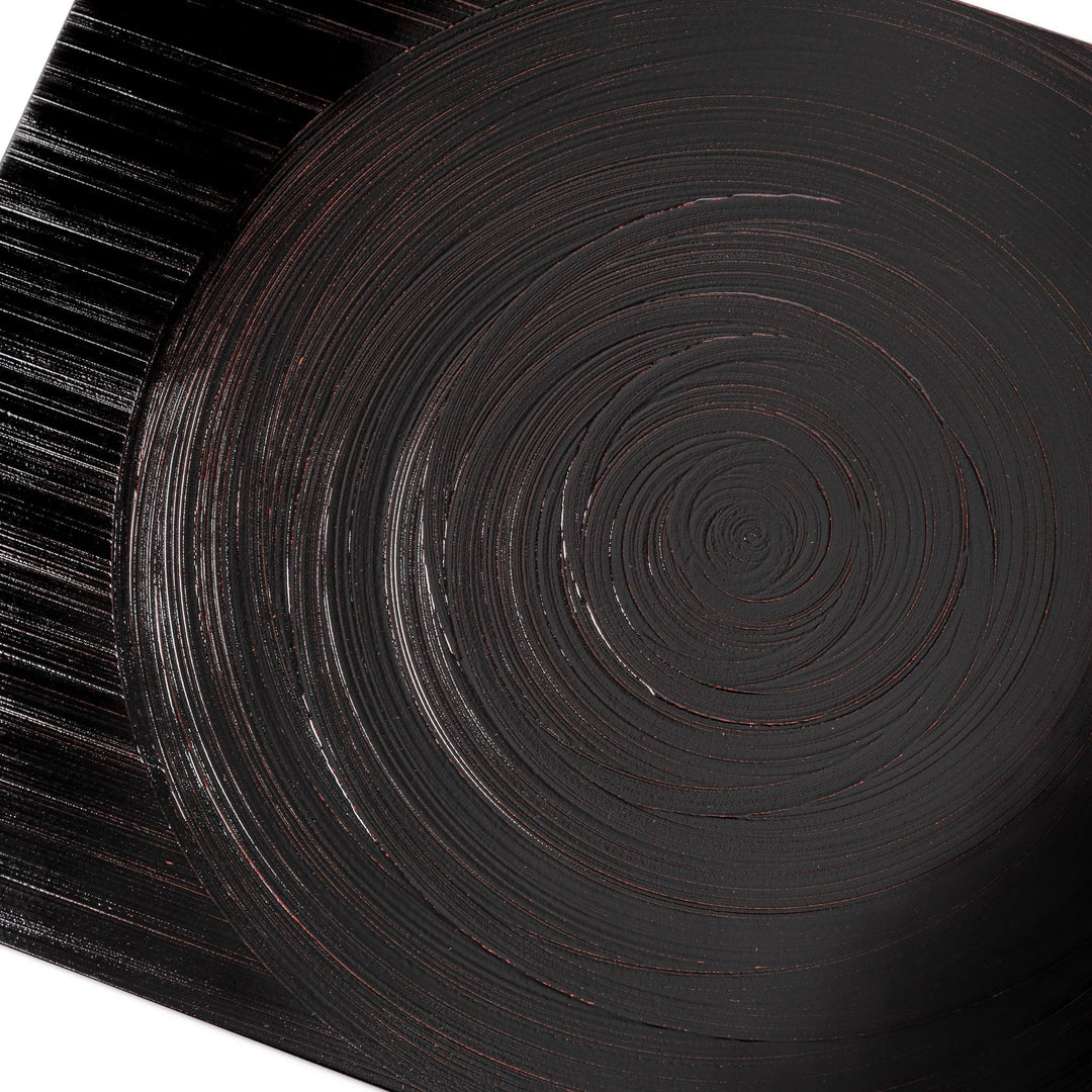 Reversible Japanese lacquer tray with circular brush texture in red and black for modern dining style.