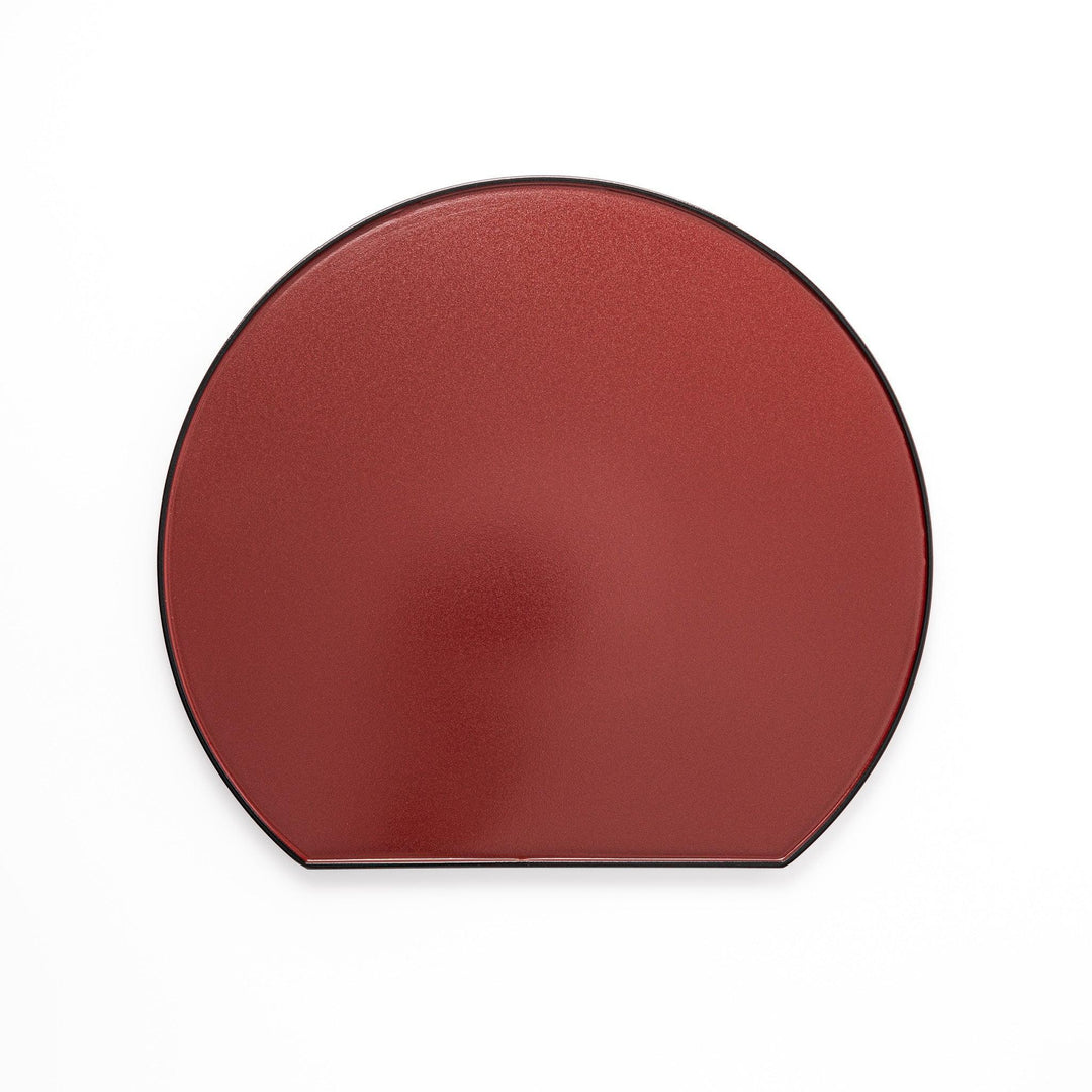 Reversible Japanese half moon lacquer tray in red and black for minimalist and modern dining presentation.