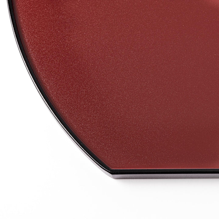 Reversible Japanese half moon lacquer tray in red and black for minimalist and modern dining presentation.