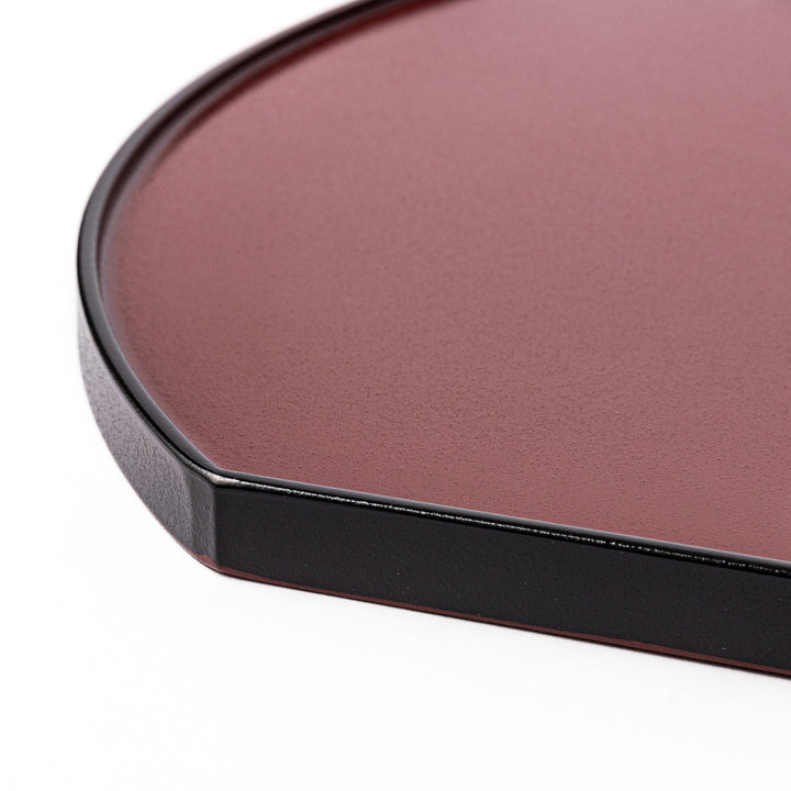 Reversible Japanese half moon lacquer tray in red and black for minimalist and modern dining presentation.