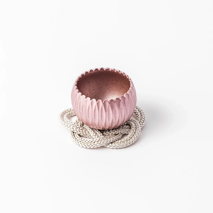 Pink Japanese hydrangea mini prayer bowl with petal texture gold striker and silver knot cushion for ritual.