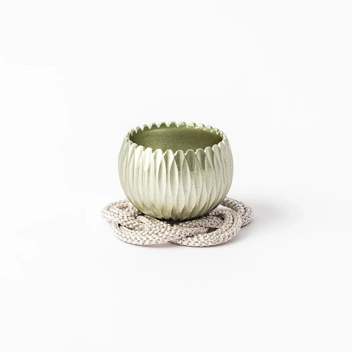 Lime green Japanese hydrangea mini prayer bowl with petal texture gold striker and silver knot cushion.