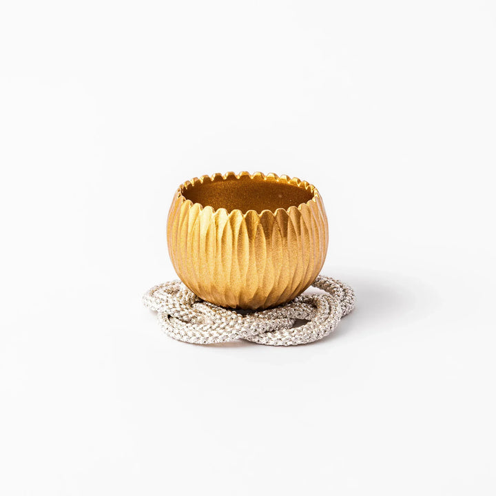 Gold Japanese hydrangea mini prayer bowl with sculpted petal design striker and decorative cushion set.